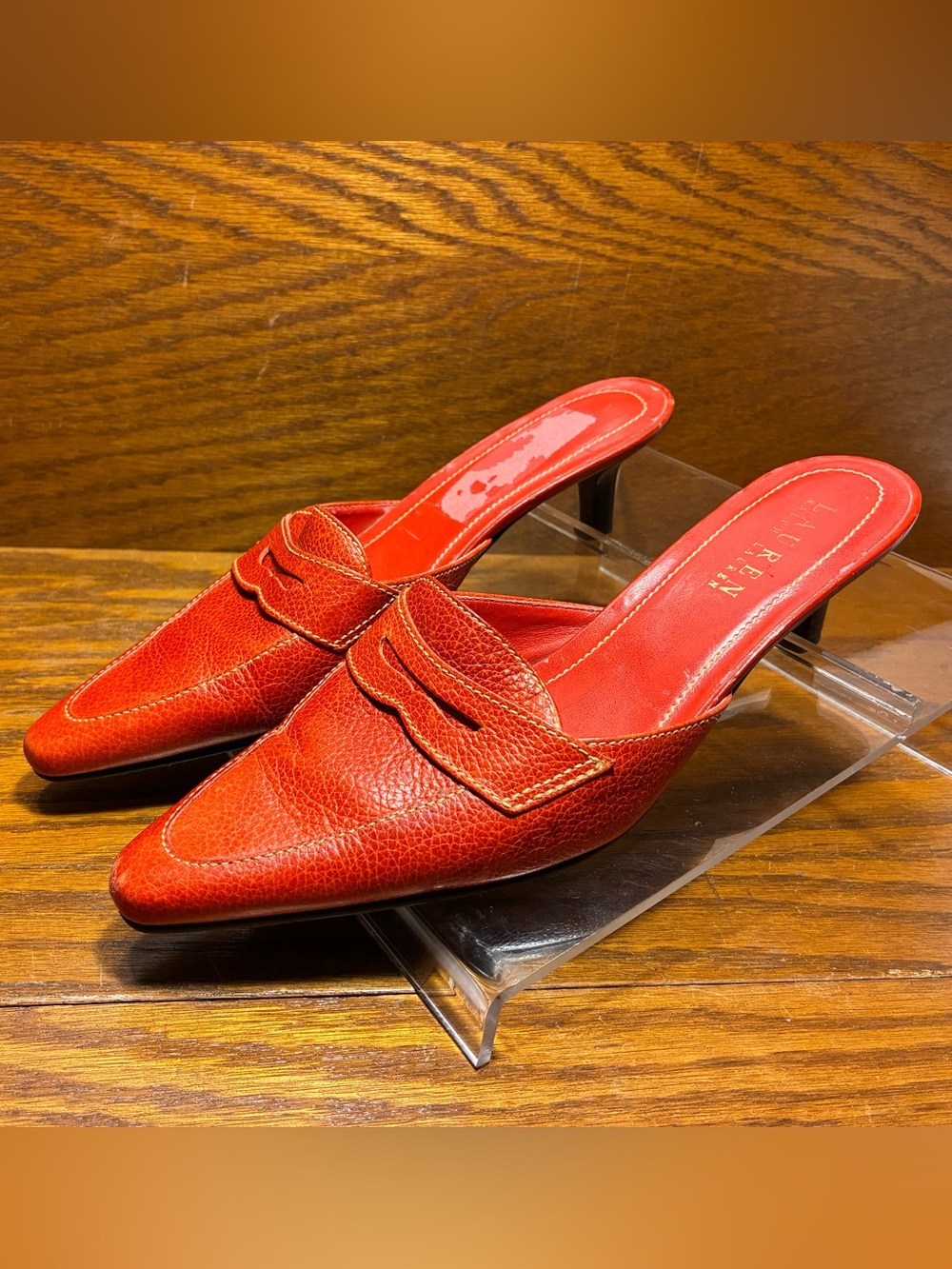Y2K VTG Lauren Ralph Lauren Red Leather Pointed Toe Loafer Mules Size 6.5